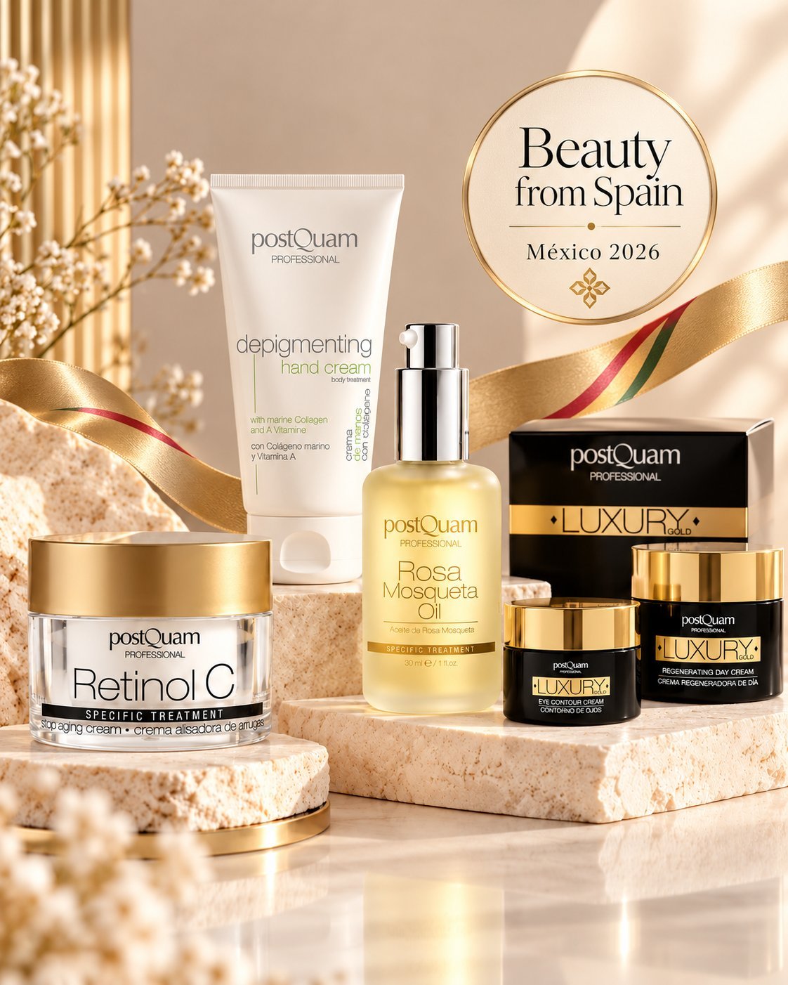 PostQuam luxury skincare product collection displayed on marble surfaces with gold accents and Beauty from Spain Mexico 2026 branding